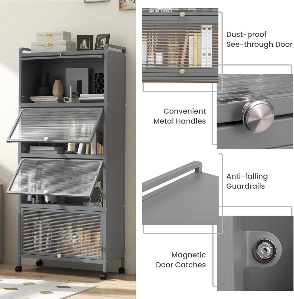 Mobile Dispensa Cucina a 5 Livelli, Mensola Microonde con Anta a Vista, Ruote, Dispositivo Antiribaltamento, Scaffale da Cucina in Ferro per Soggiorno, Sala da Pranzo, 60x32x154cm (Grigio)