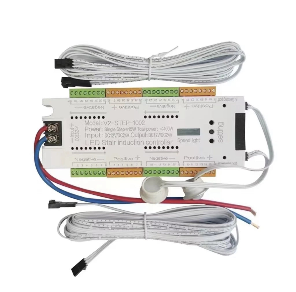Controller LED per scale 32 canali 12V 24V 500W con 2 sensori, centralina illuminazione sequenziale regolabile fino a 32 gradini