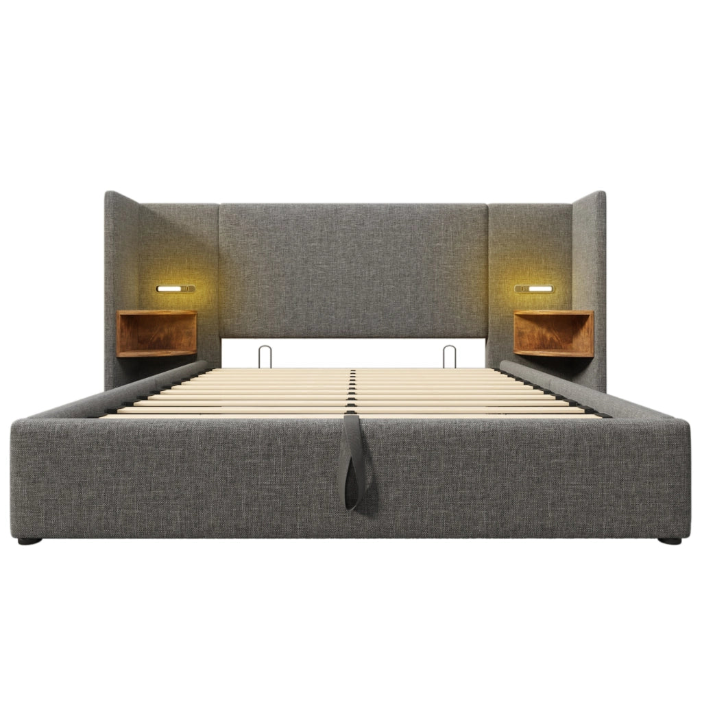 Letto matrimoniale 160x200 cm in lino grigio con contenitore; lampada lettura e USB/Type-C