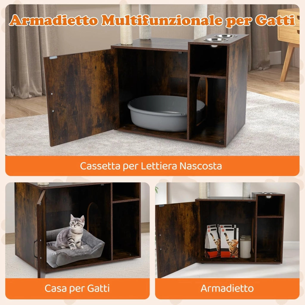 Mobiletto per Lettiera per Gatti, Tiragraffi per Gatti con Posto Graffio in Sisal e Tappetino, Pallina Pendenti, Toilette Nascosta e 2 Ciotole per Cibo, Mobili Moderni per Gattini (Marrone)
