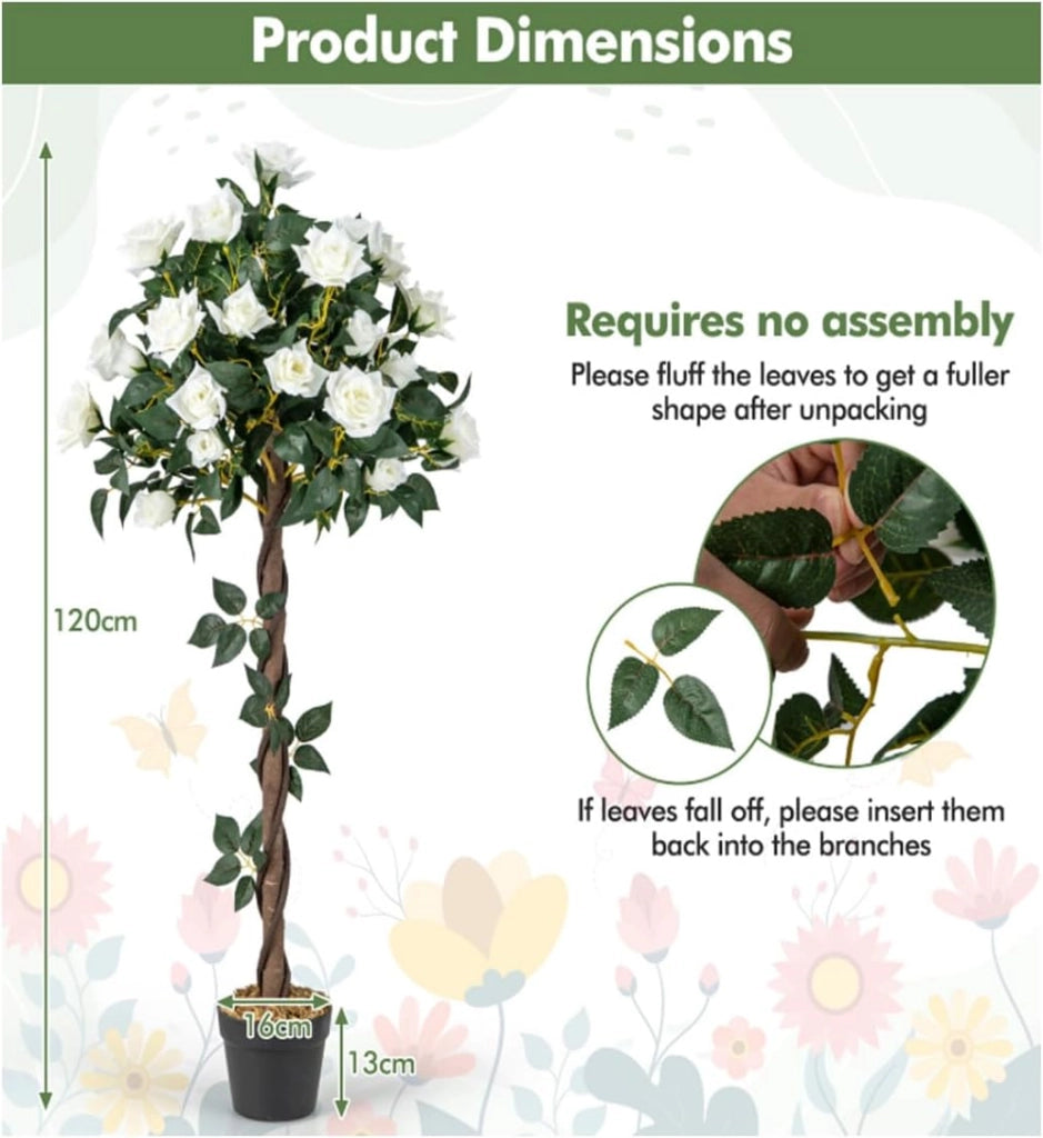 Albero di Rose Bianche Artificiali, Pianta Decorativa Sempreverde con Tronco in Legno, Liane e Muschio Realistici, Vaso in Cemento Incluso, Decorazione per Interni ed Esterni