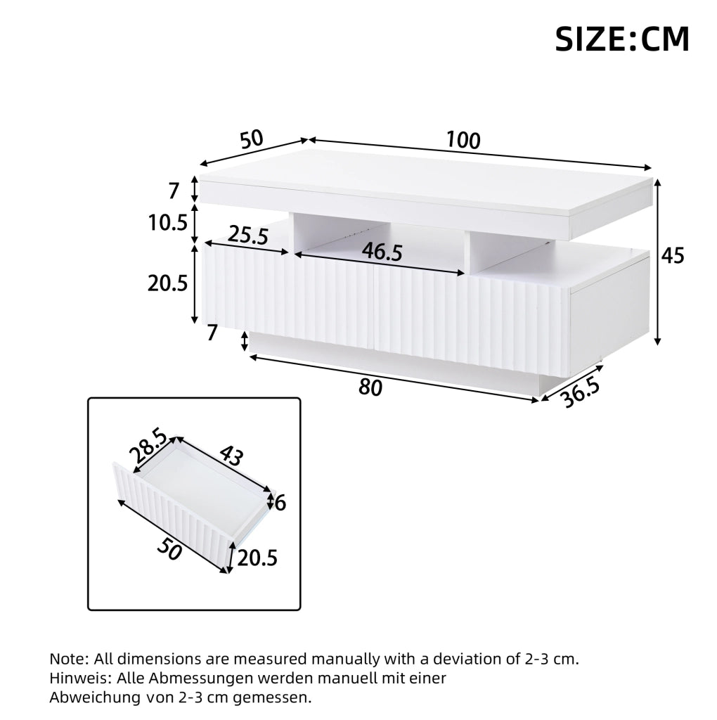 Tavolino da caffè 100x50x45 cm con 2 cassetti; luce LED controllata da app; truciolare; bianco