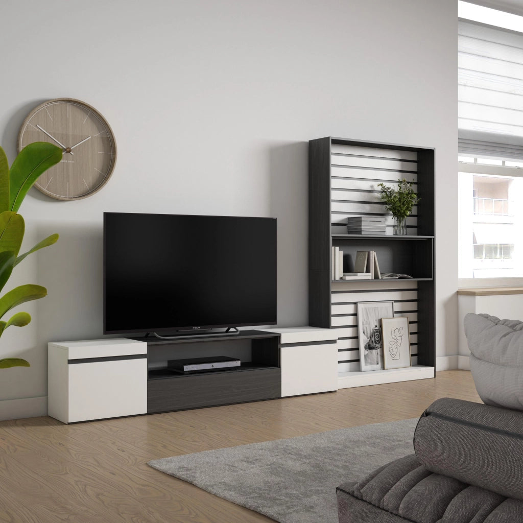 Mobile TV, Soggiorno, 310x35x186cm, Per TV fino a 80", Set di mobili, Bianco e nero RF2849