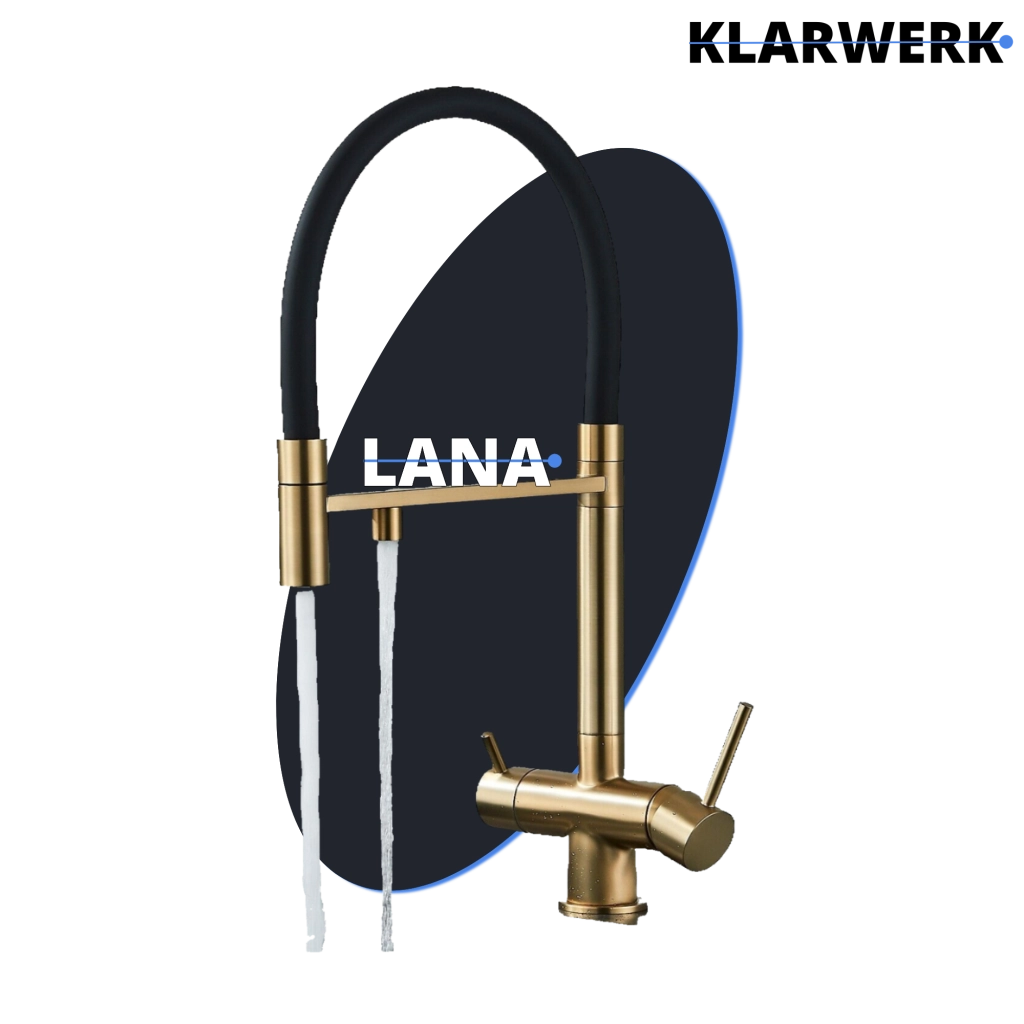 Lana | Rubinetto allungabile nero oro a 3 vie |Miscelatore cucina per acqua potabile in acciaio inossidabile - Girevole a 360° | Filtra 3 connessioni