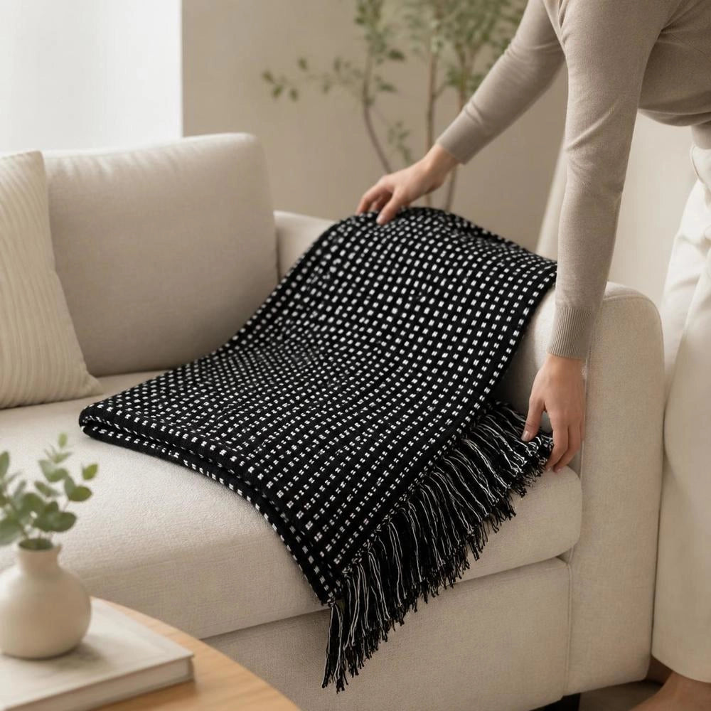 Cotton Throw, Checkered Pattern, 220x250 Cm, Black