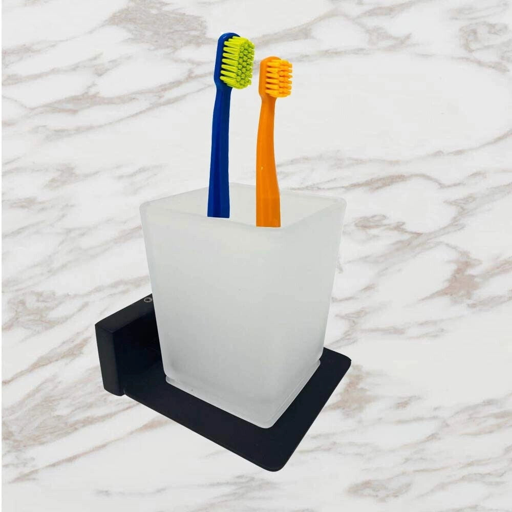 Trade Shop - Set Bagno Rettangolare Nero 6pz Porta Asciugamano Rotolo Bicchiere Spazzolino 87262 -