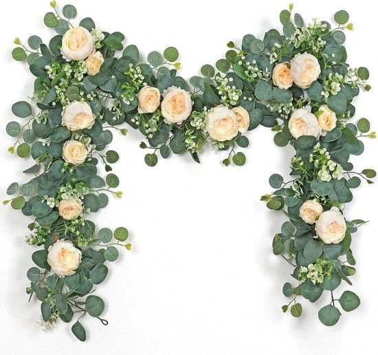 Slinga di fiori di eucalipto con rose - Vaso di vite con foglie di eucalipto verde - Decorazione da tavola per matrimoni - Fondale per sala da ballo