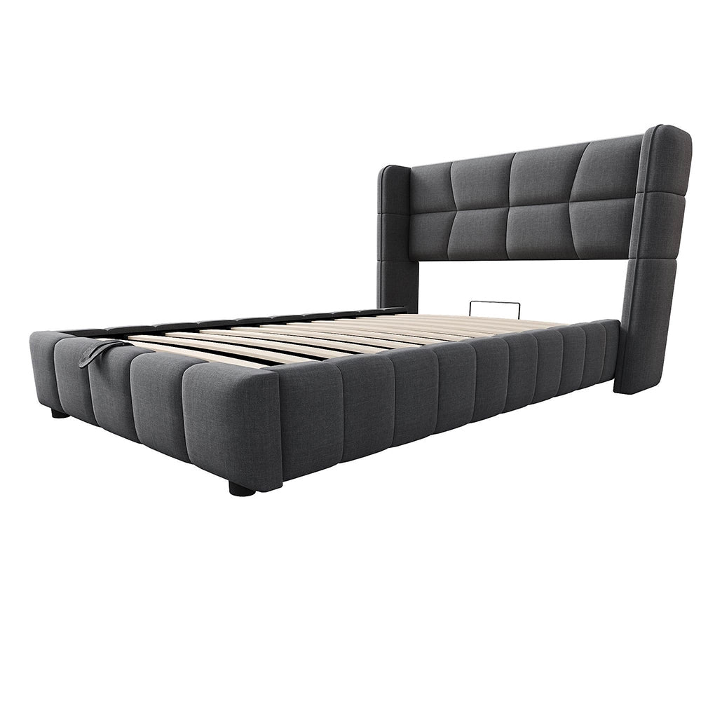 Letto imbottito per bambini - Xylo - 90x200 cm - Grigio - Testiera e sistema di stoccaggio pneumatico