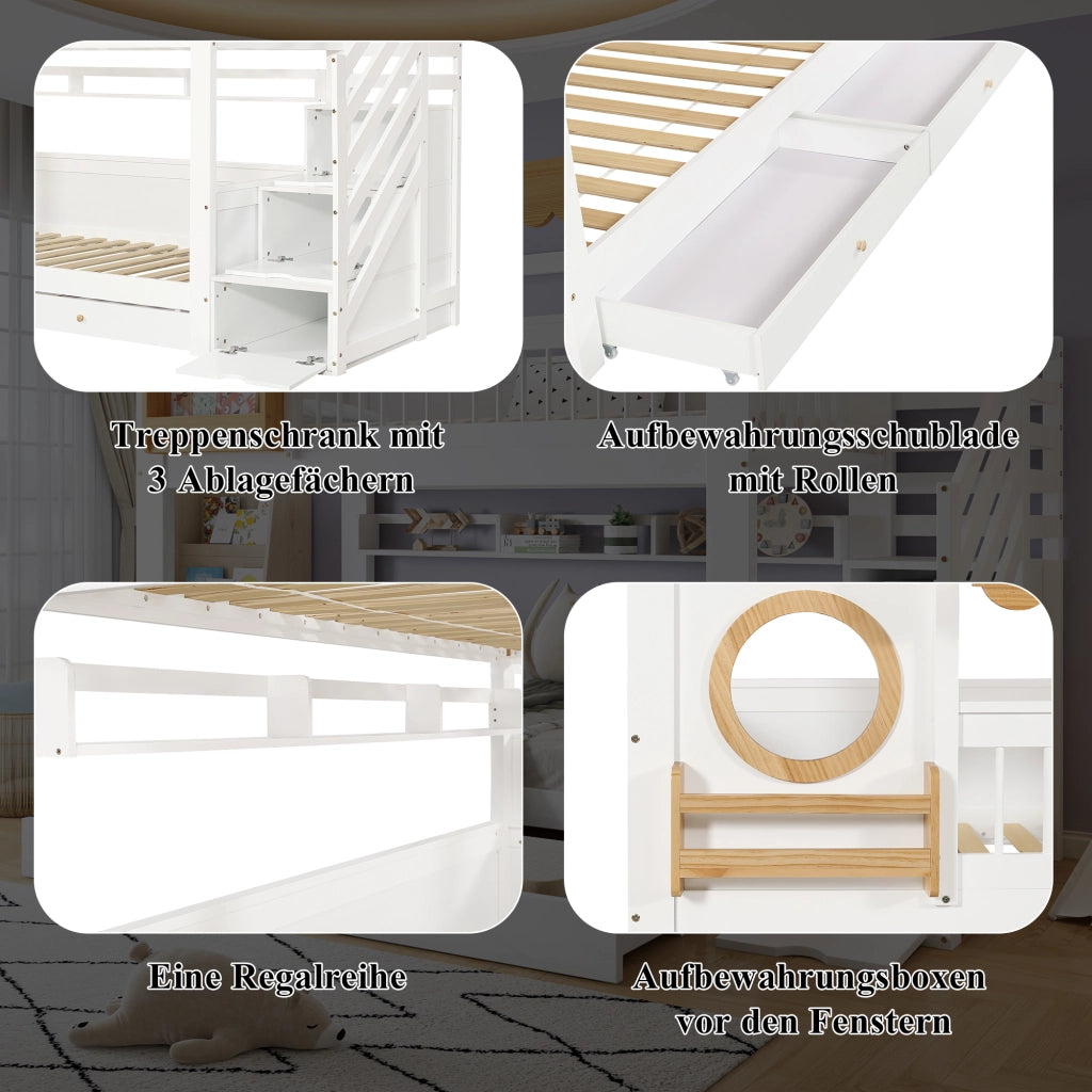Letto a Castello 90x200 cm con Scala Contenitore; 2 Cassetti e Sponda in Legno