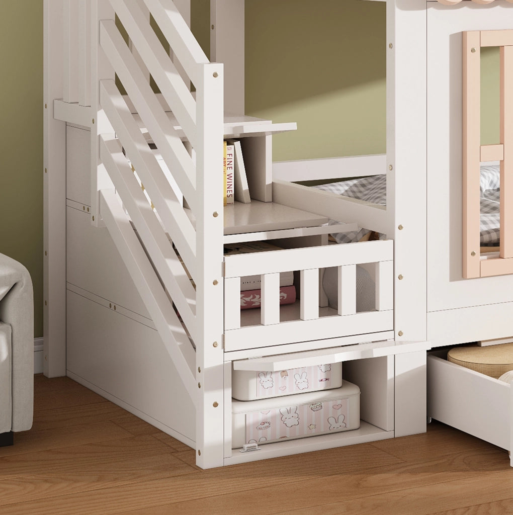 Letto a castello a casetta con scala contenitiva e 2 cassetti 90x200 cm