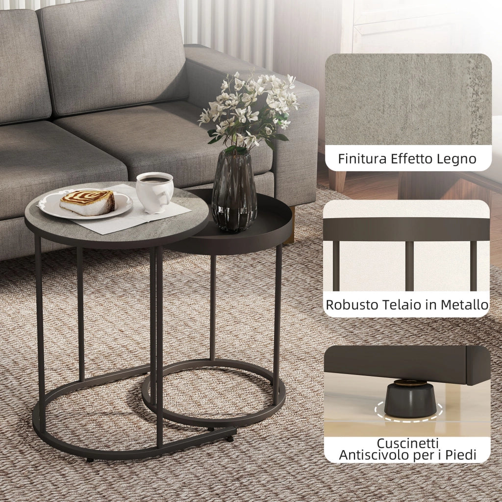 Set 2 Tavolini da Salotto Impilabili in Stile Industriale Ø42x54 cm e Ø36,5x48,5 cm in Legno e Metallo Grigio e Nero