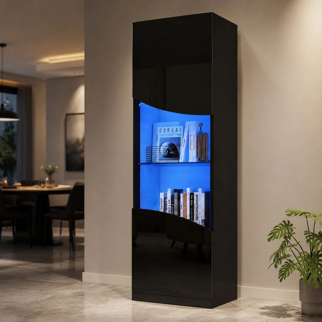 Vetrina alta stretta con LED e vetro temperato 35x50x165 cm nera lucida