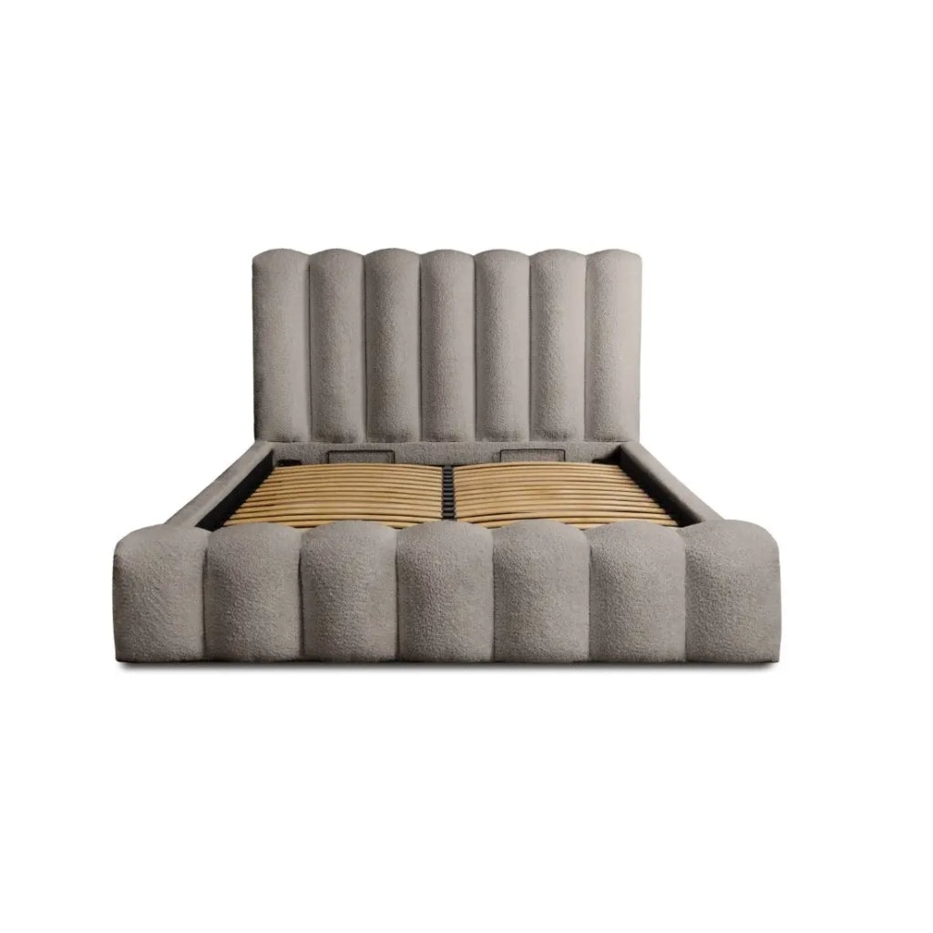 Letto contenitore BADJA – Tessuto bouclé Taupe cendré – 180x200 cm – Rete sollevabile – Design di alta gamma