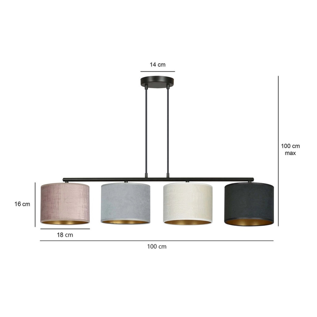 Lampada a sospensione Hilde con paralumi in velluto multicolore