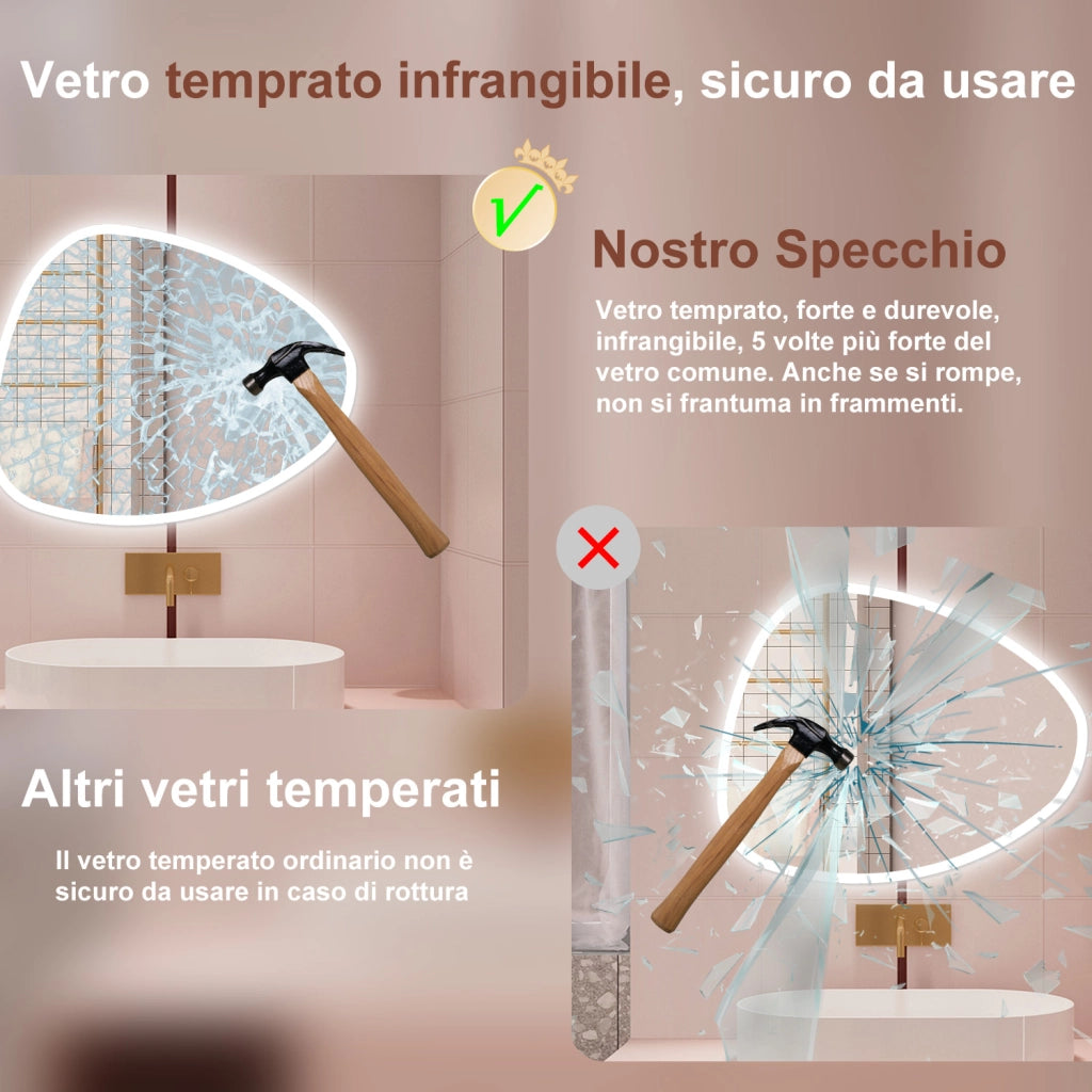 AICA Specchio da bagno  80 x 65 cm, dimmerabile, Funzione Memoria, antiappannamento, 3 colori