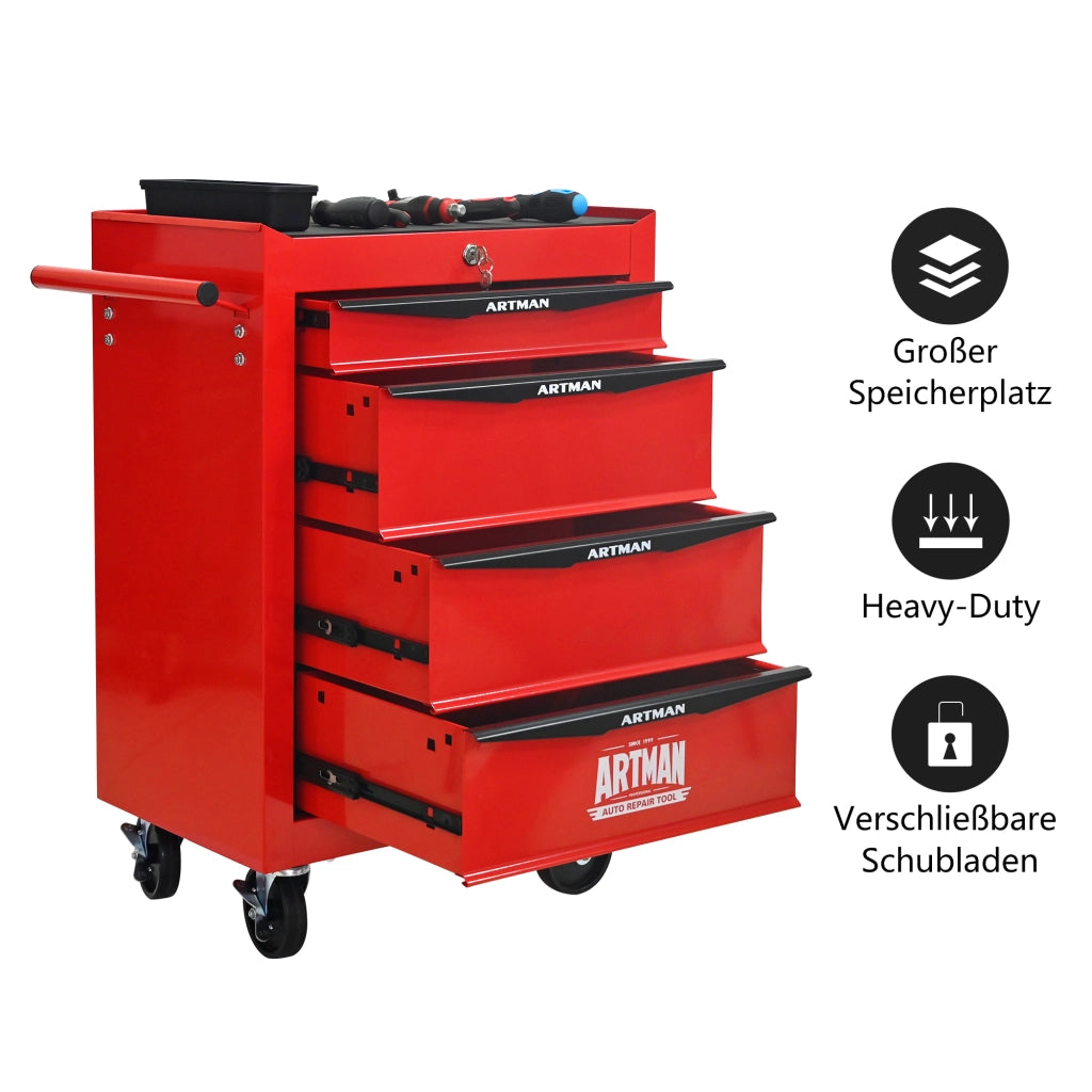 Carrello portautensili con 4 cassetti, 4 ruote e serratura, in acciaio, per garage e officina, rosso nero, 60 × 33 × 77.5 cm