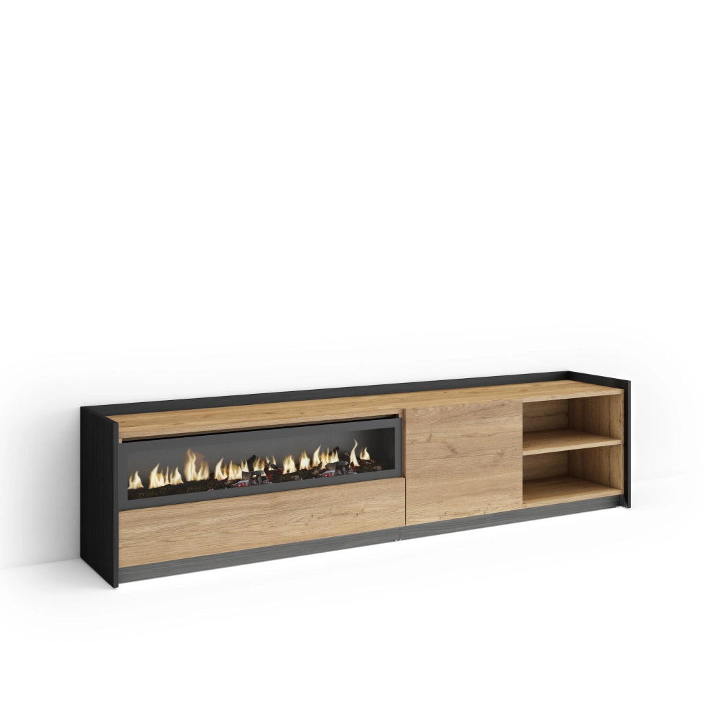 Mobile TV Soggiorno, 207x50x37 cm, Per TV fino a 80", Camino elettrico, LED, Rovere e nero