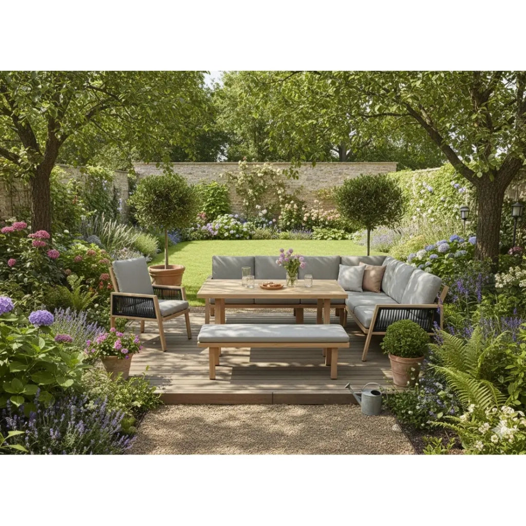 Salotto da giardino ad angolo 8 posti in alluminio marrone con panca e tavolino basso – ALUMA