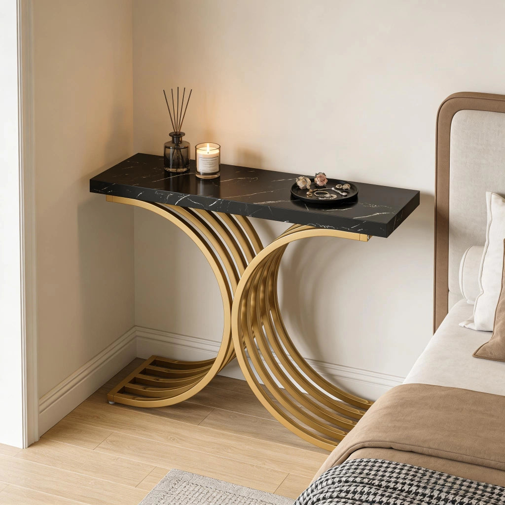 Consolle elegante in marmo e metallo con piano rettangolare per ingresso e soggiorno nero e oro 100 × 30 × 80 cm