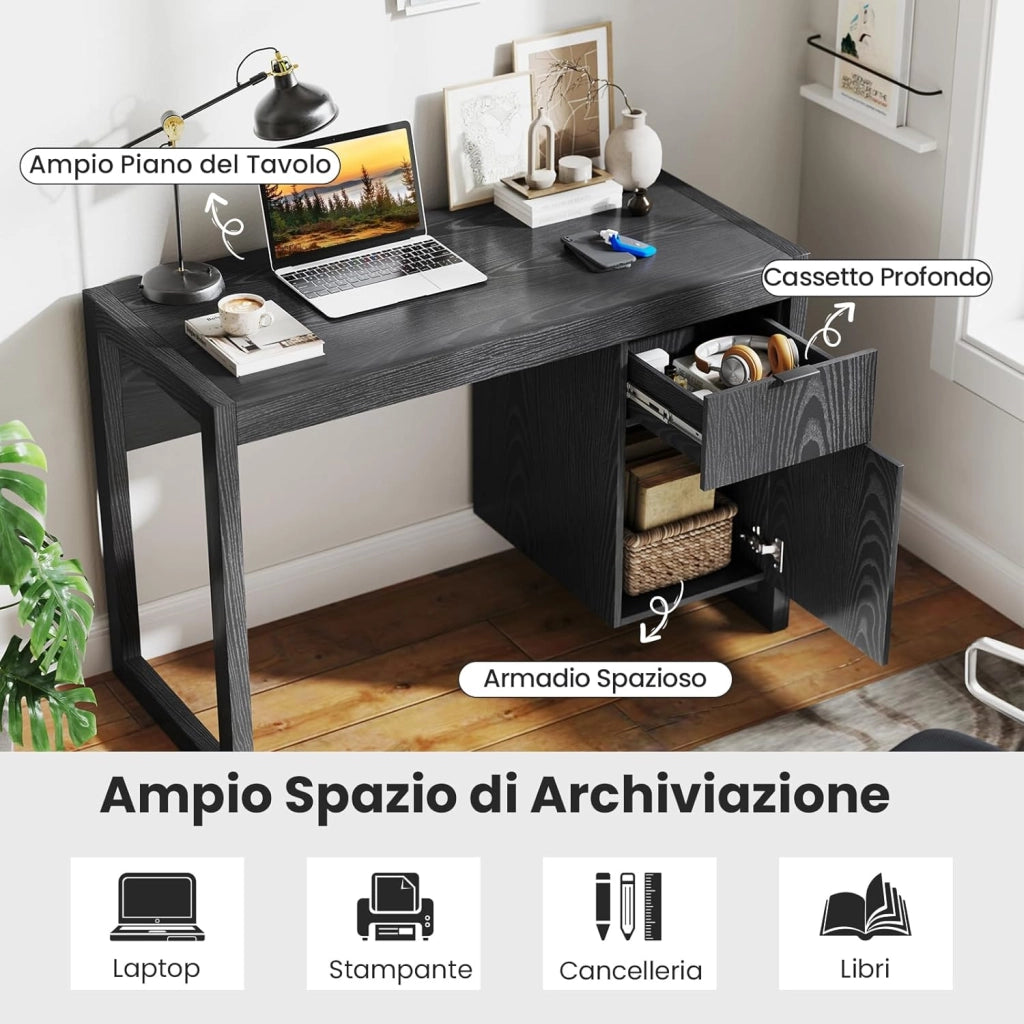 Scrivania Moderna per Computer, Postazione di Lavoro con Armadietto e Cassetto, Design Semplice ed Elegante, Scrivania con Superficie Liscia, Ideale per Casa e Ufficio (Nero)