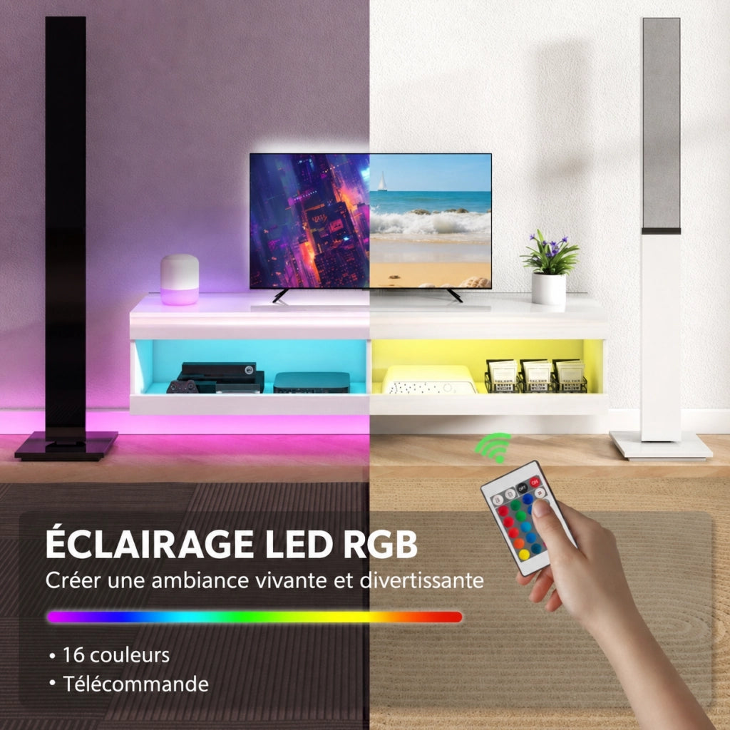 Mobile TV 140x40x30 cm con illuminazione LED RGB; legno; bianco lucido