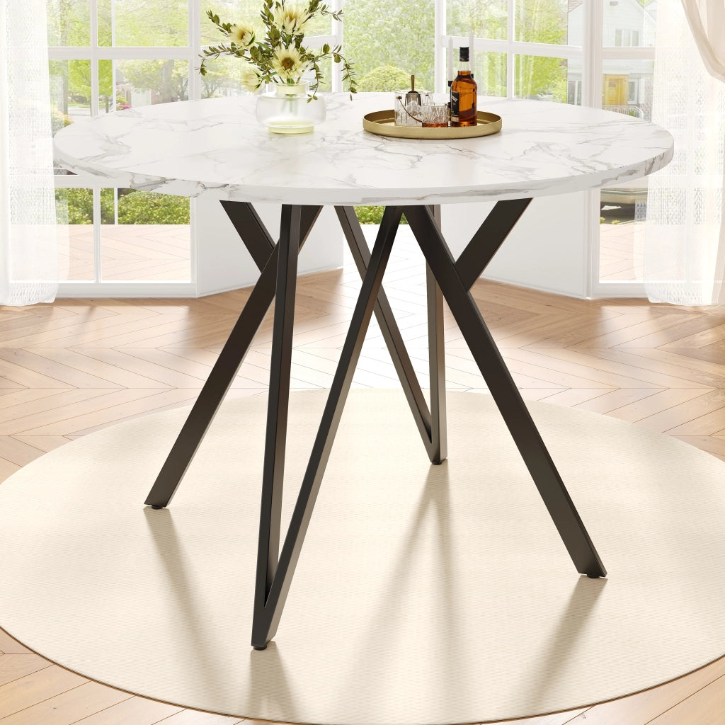 Tavolo da pranzo rotondo per 4 persone con piedi regolabili, finitura effetto marmo, in MDF, nero, 100 × 100 × 76 cm