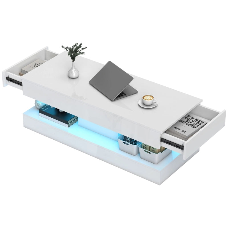 TAVOLO da salotto 120x50x42 cm bianco lucido con LED e 2 cassetti