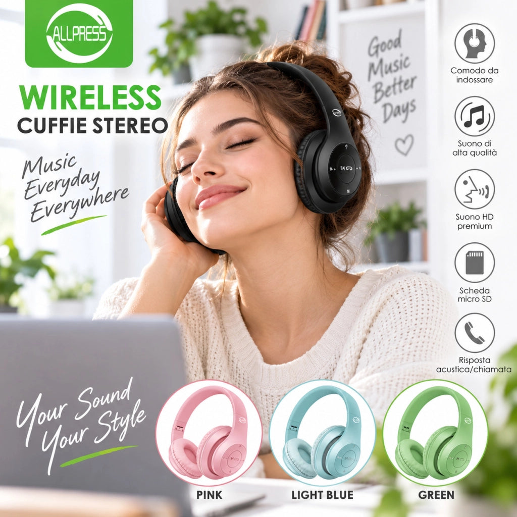 CUFFIE WIRELESS ALLPRESS STEREO MICRO SD MUSICA CHIAMATE OVER EAR AS-08133