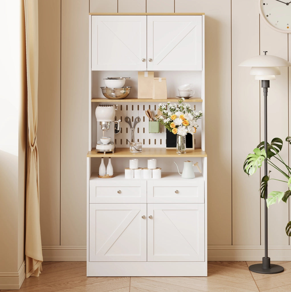 Sideboard 80x40x175 cm con pannello forato e ante stile fienile in MDF e pannelli di particelle bianco e naturale