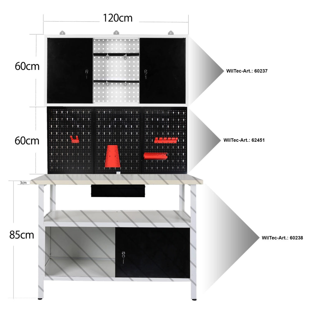 Armadio attrezzi con pensile & parete portattrezzi con 3 pannelli perforati e accessori