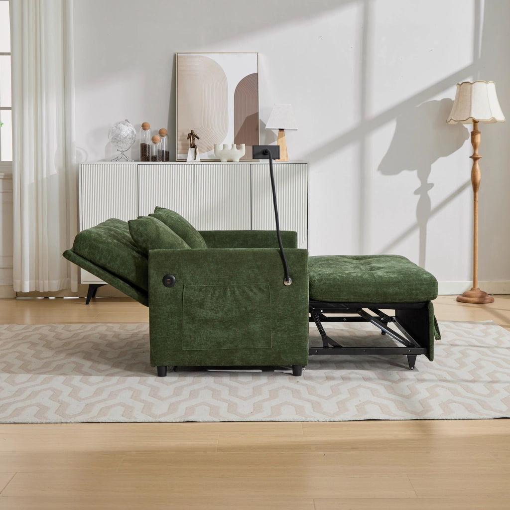 Divano letto moderno con porta USB e supporto tablet in tessuto di lino spazzolato verde 109 × 72 × 83,5 cm