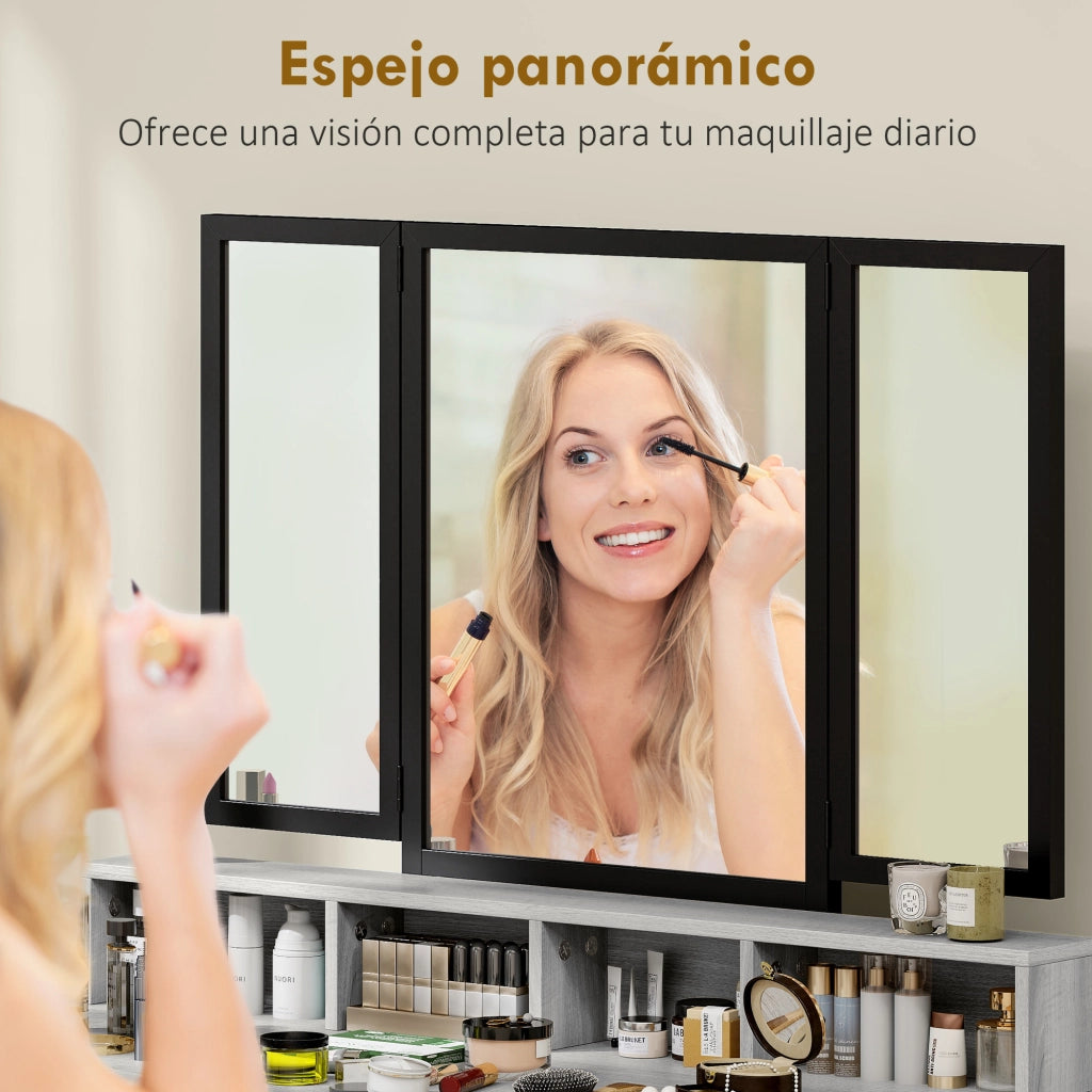 Cassettiera da trucco con specchio trittico e sgabello ¨C zephmum ¨C grigio tessuto 3 cassetti