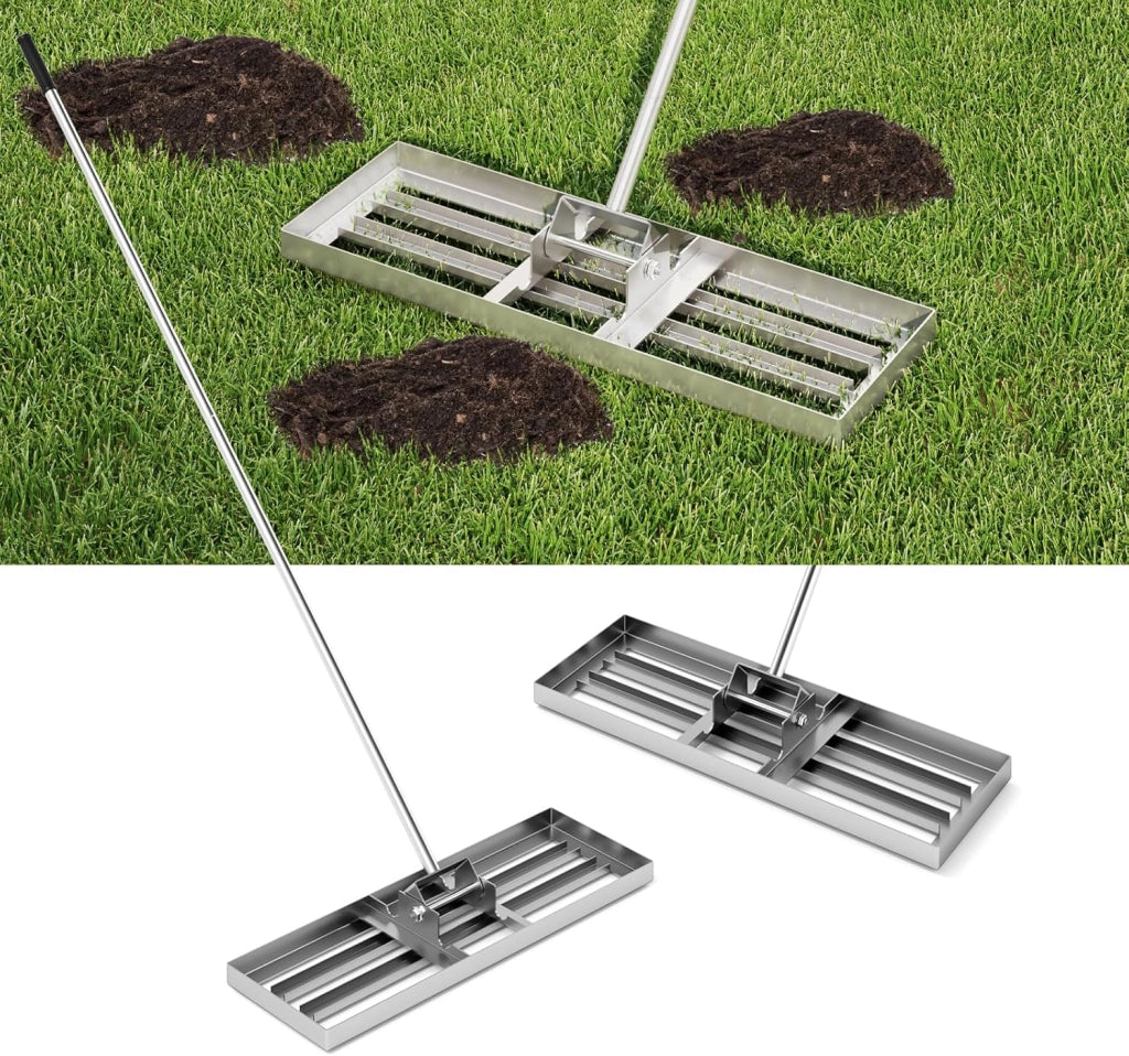 Rastrello Livellatore per Prato, Attrezzo per la Livellatura del Prato con Manico Ergonomico, Livellatrice per Giardino, Cortile, Campo da Golf, Fattoria e Pascolo (Argento 75 x 25 cm)