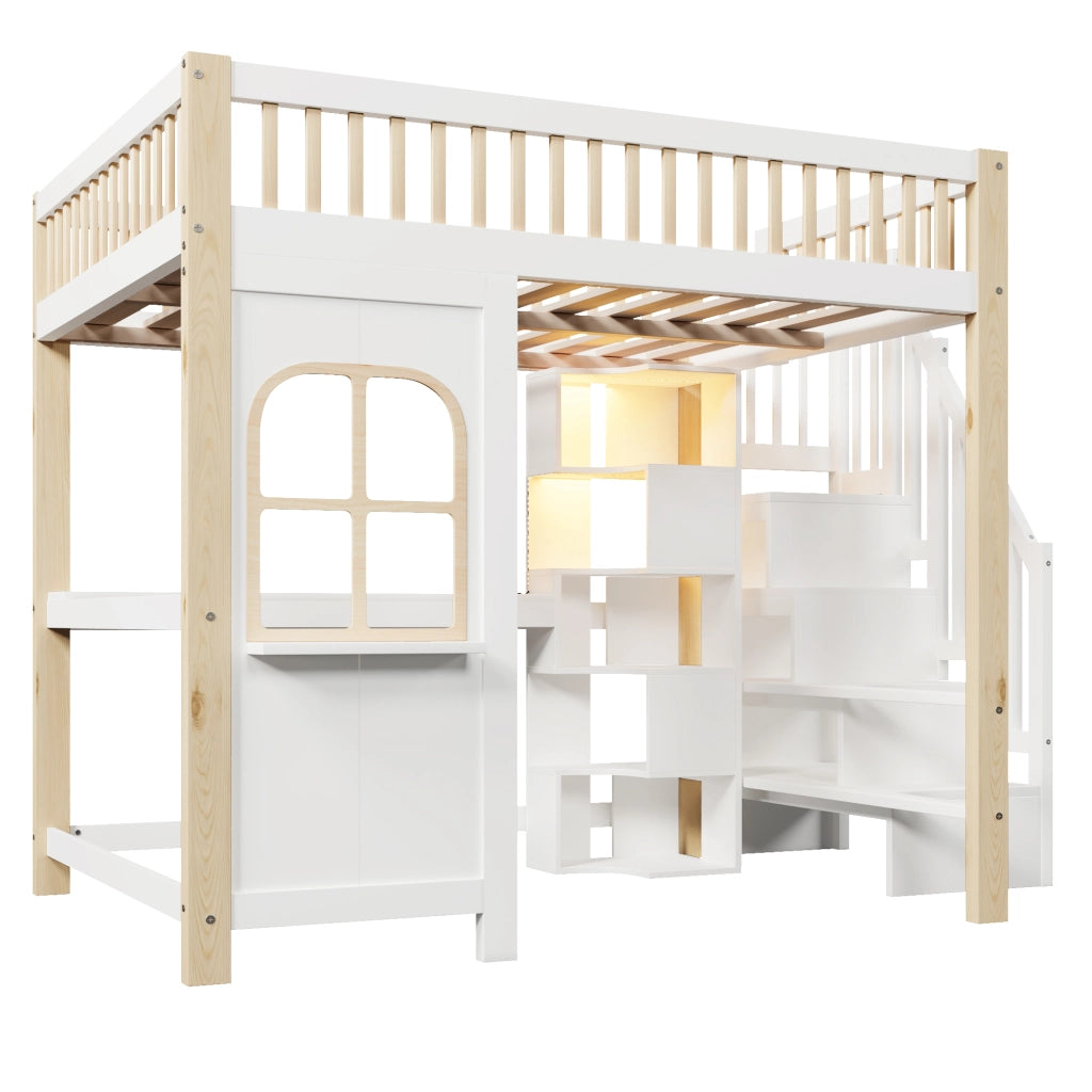 Letto a Soppalco 140 x 200 cm Matrimoniale con LED; Scrivania e Scala Contenitore; senza Materasso; Bianco Naturale