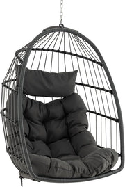 Sedia Sospesa a Uovo, Sedia Amaca con Cuscino per Testa e Seduta, Sedia a Dondolo in Vimini da Interno/Esterno, Design Pieghevole Salvaspazio, Capacità 150 kg