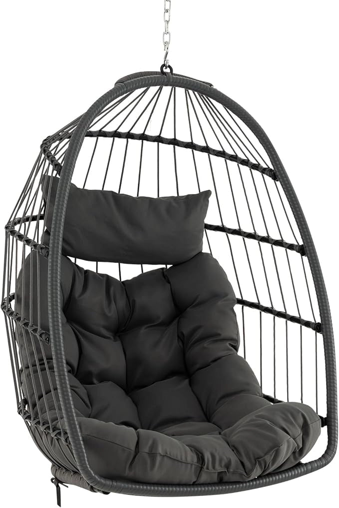 Sedia Sospesa a Uovo, Sedia Amaca con Cuscino per Testa e Seduta, Sedia a Dondolo in Vimini da Interno/Esterno, Design Pieghevole Salvaspazio, Capacità 150 kg
