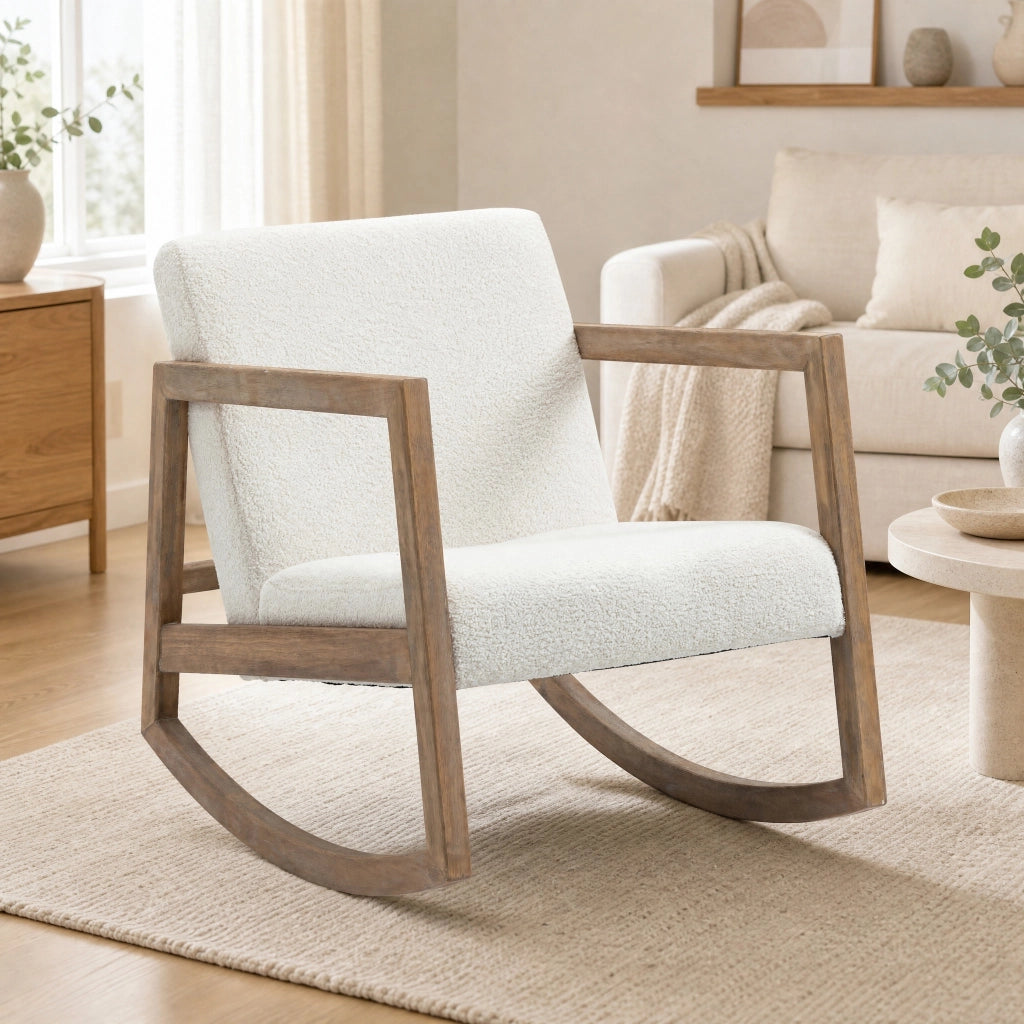 Poltrona a dondolo 60x81x71 cm con cuscino imbottito in legno di gomma e poliestere bianco crema