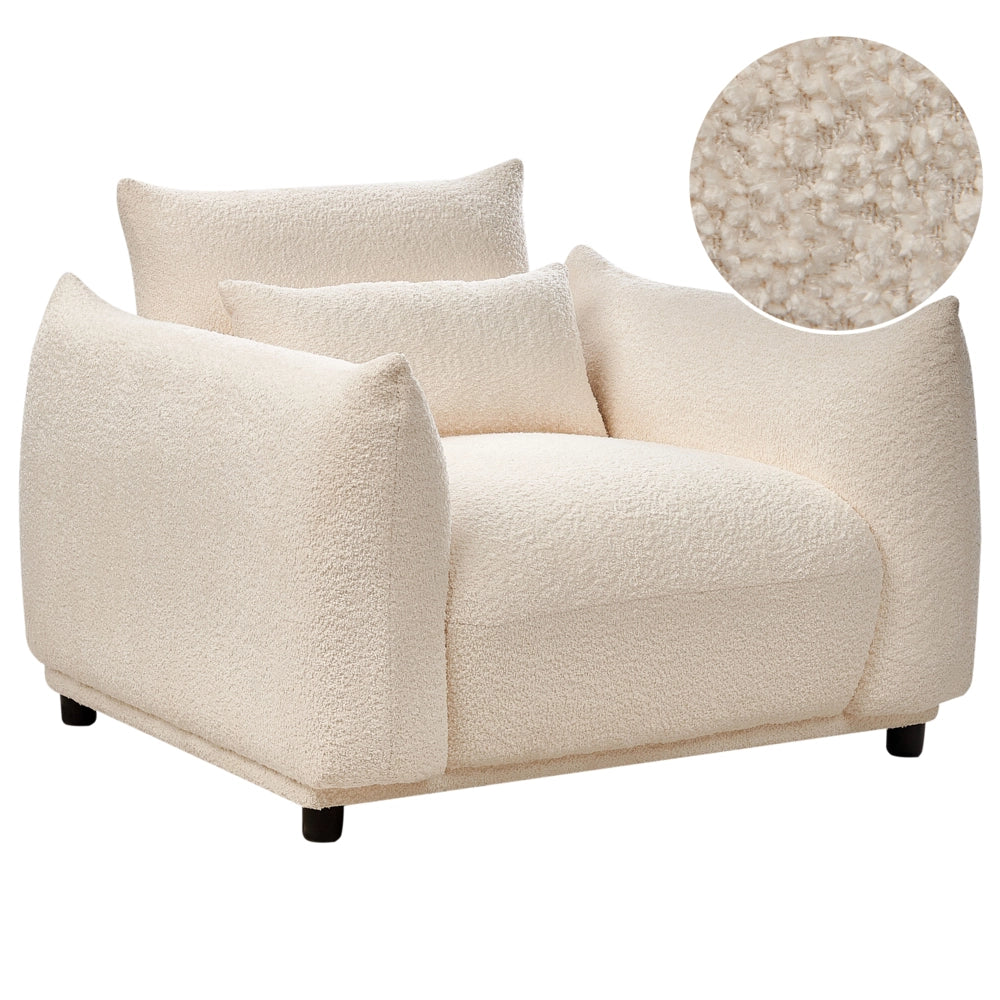 Poltrona Tessuto Boucle Bianco Morbido Nubby Gambe Nere Schienale Curvo Stile Retro Glam Art Decor