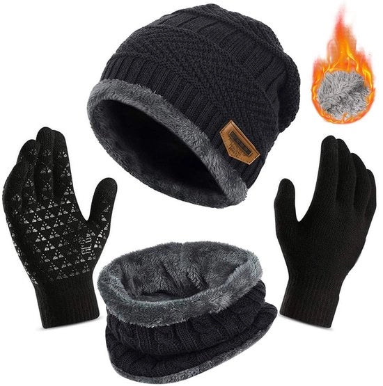 Set di calotte invernali 3-in-1 - Sciarpa intrecciata - Guanti - Antiscivolo - Multifunzionale - Tessuto morbido con allungamento - Set invernale