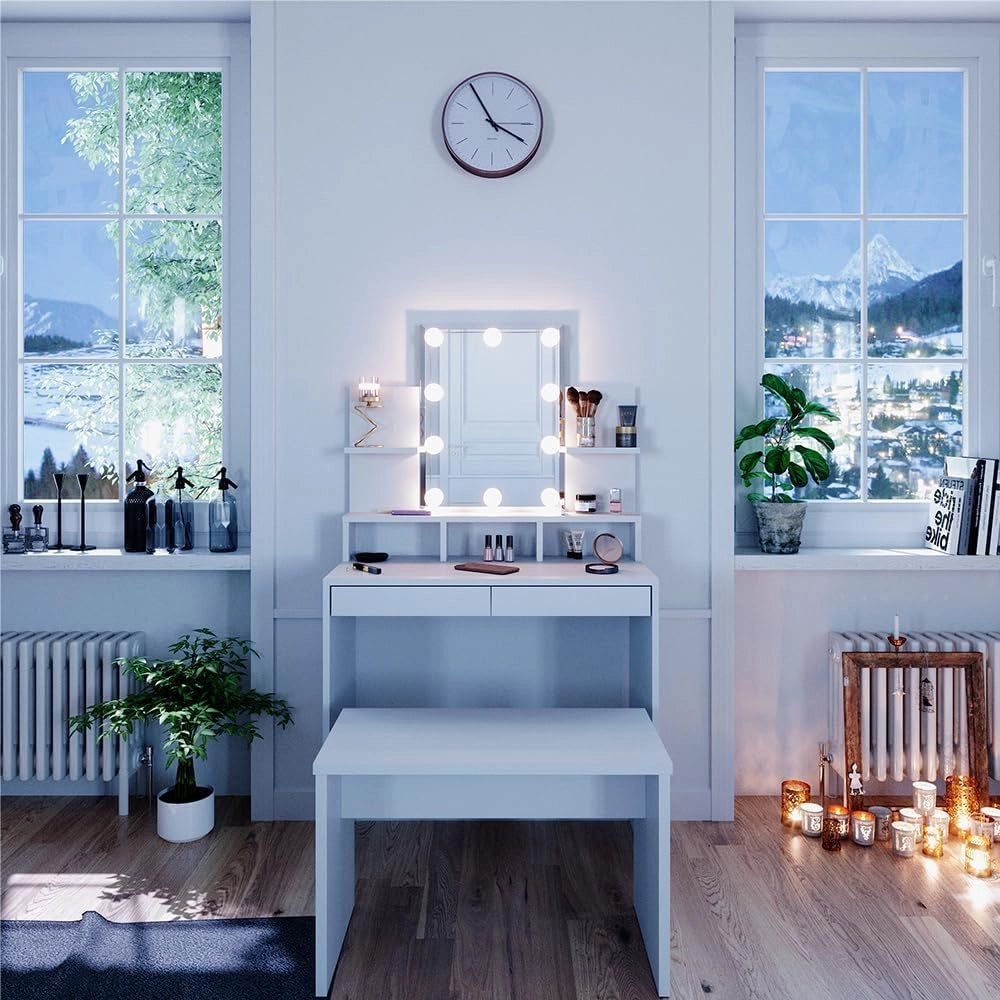 Tavolo da toeletta Ania, Bianco, 80 cm con illuminazione LED e sgabello, Salvaspazio e funzionale allo stesso tempo