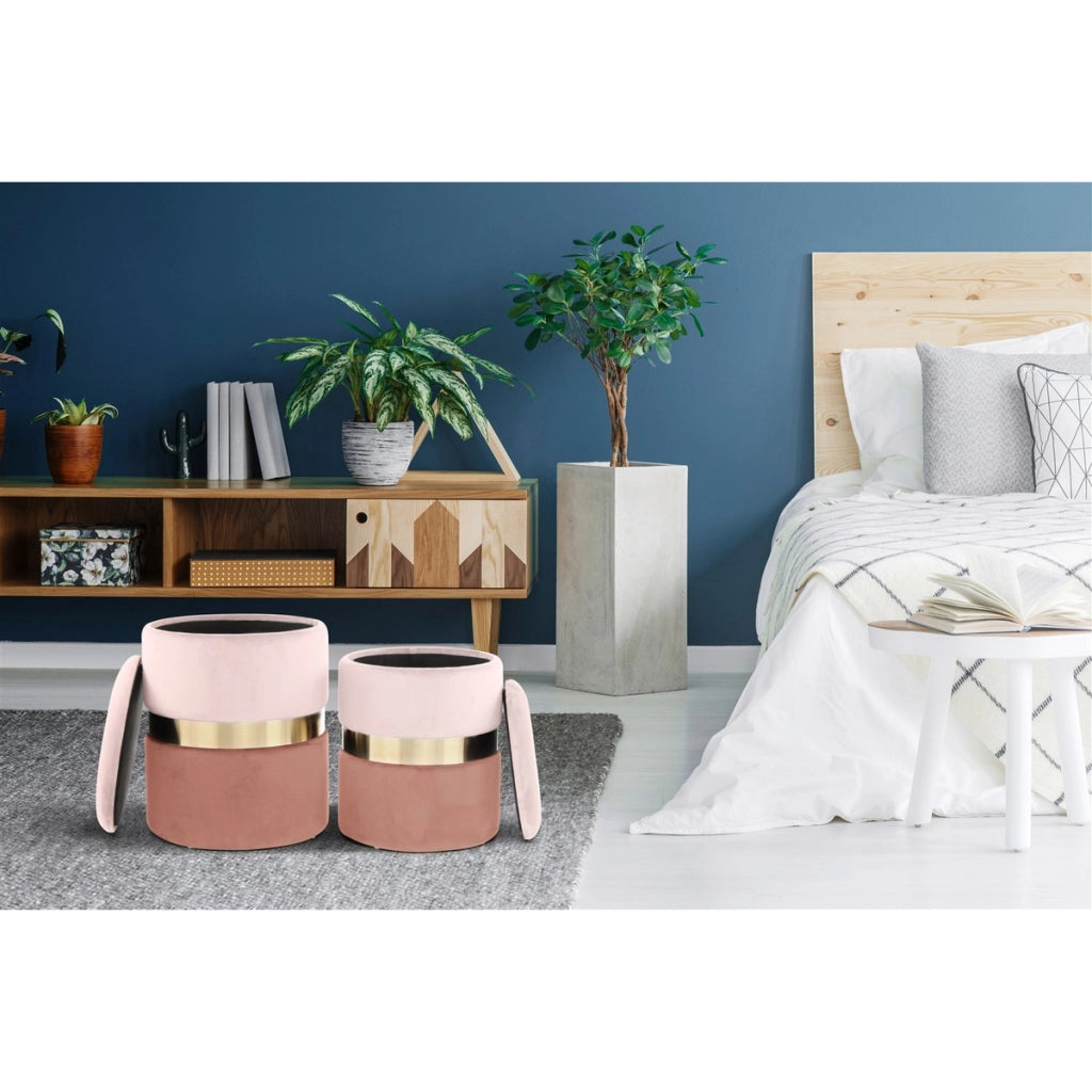 Set di 2 pouf contenitori Zora in velluto rosa e oro