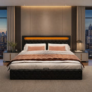 Letto contenitore imbottito 160x200 cm con LED; rete a doghe; PU nero