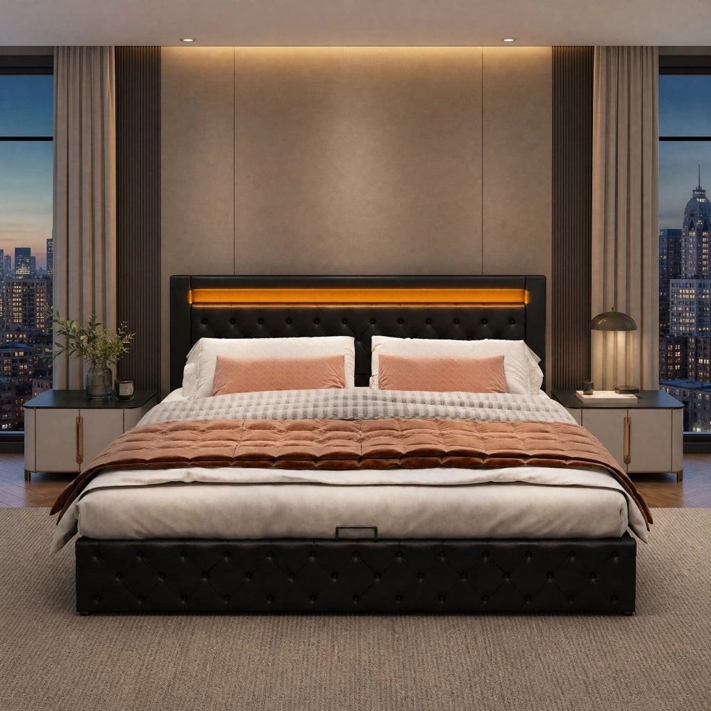 Letto contenitore imbottito 160x200 cm con LED; rete a doghe; PU nero