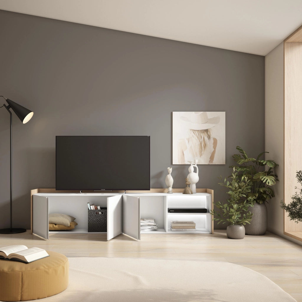 Mobile TV Soggiorno, 207x50x35 cm, Per TV fino a 80", LED, Bianco e Rovere soft