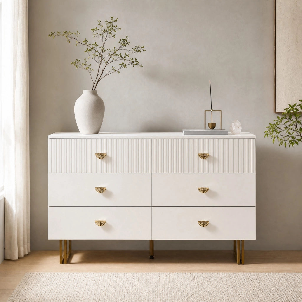 Set sideboard con 6 cassetti e specchio da parete 80x80 cm in MDF bianco con dettagli oro