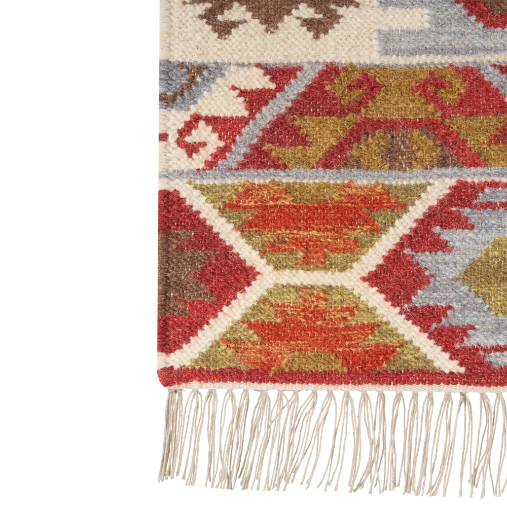 Tappeto Kilim multicolore in lana e cotone 160 x 230 cm Fatto a mano con motivo Boho e frange