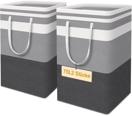 Wastafel opvougbile con maniglie, contenitore idrorepellente e cassetto di stoccaggio, grande contenitore per il bucato - 2-pack, a righe grigie e bianche (grandi righe, 75L)