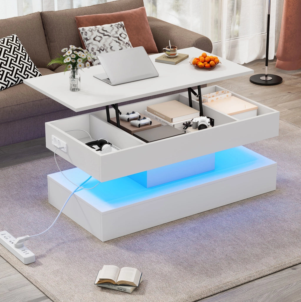 Tavolino da caffè rialzabile con LED Bluetooth; vano contenitore e prese EU; 100x50x42 cm; bianco