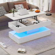 Tavolino da caffè rialzabile con LED Bluetooth; vano contenitore e prese EU; 100x50x42 cm; bianco