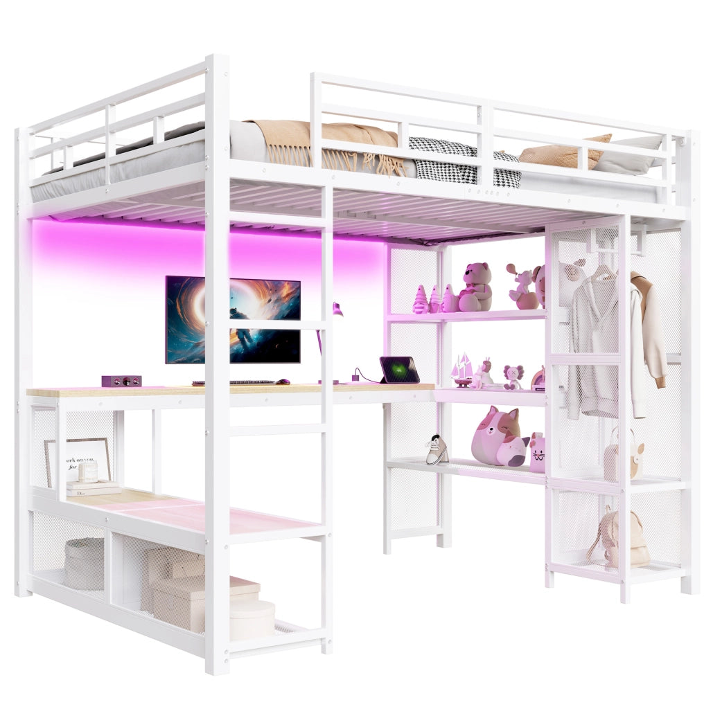 Letto a soppalco 140x200 cm in metallo con scrivania, armadio aperto e LED